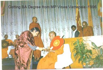 1996 Getting BA (Tripitakavedi) Degree from Viswa Varnapala at BMICH in Colombo
