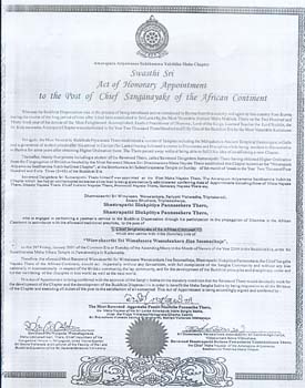 2001 appointement certificate of Chief monk for the African continent